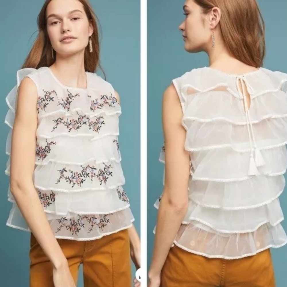 NWT Anthropologie Seen Worn Kept White Tiered Embroidered Ruffle Top Sz. PS $140